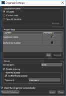 Organizer Settings dialog