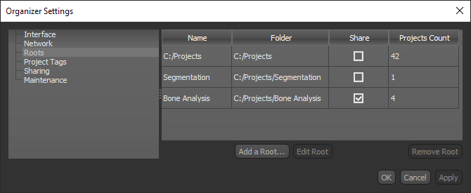 Organizer Settings dialog