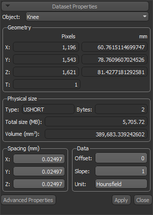 Dataset Properties panel