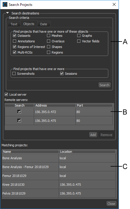 Search Projects dialog