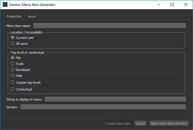 Generic Menu Item Generator dialog
