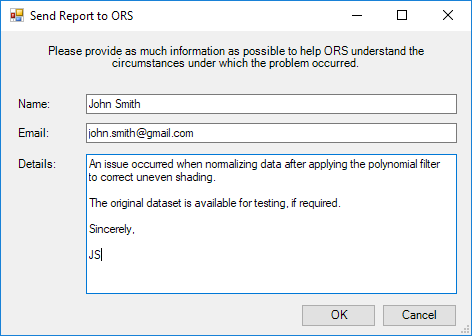 Send Report to ORS dialog