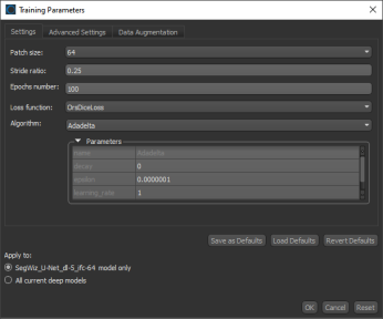 Training Parameters dialog